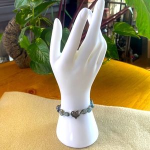 Hand made Crystal bracelet, silver obsidian heart,kyanite